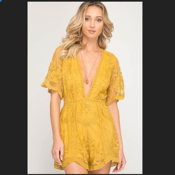 Host pick!!!Mustard Crochet lace romper - Picture 3 of 5